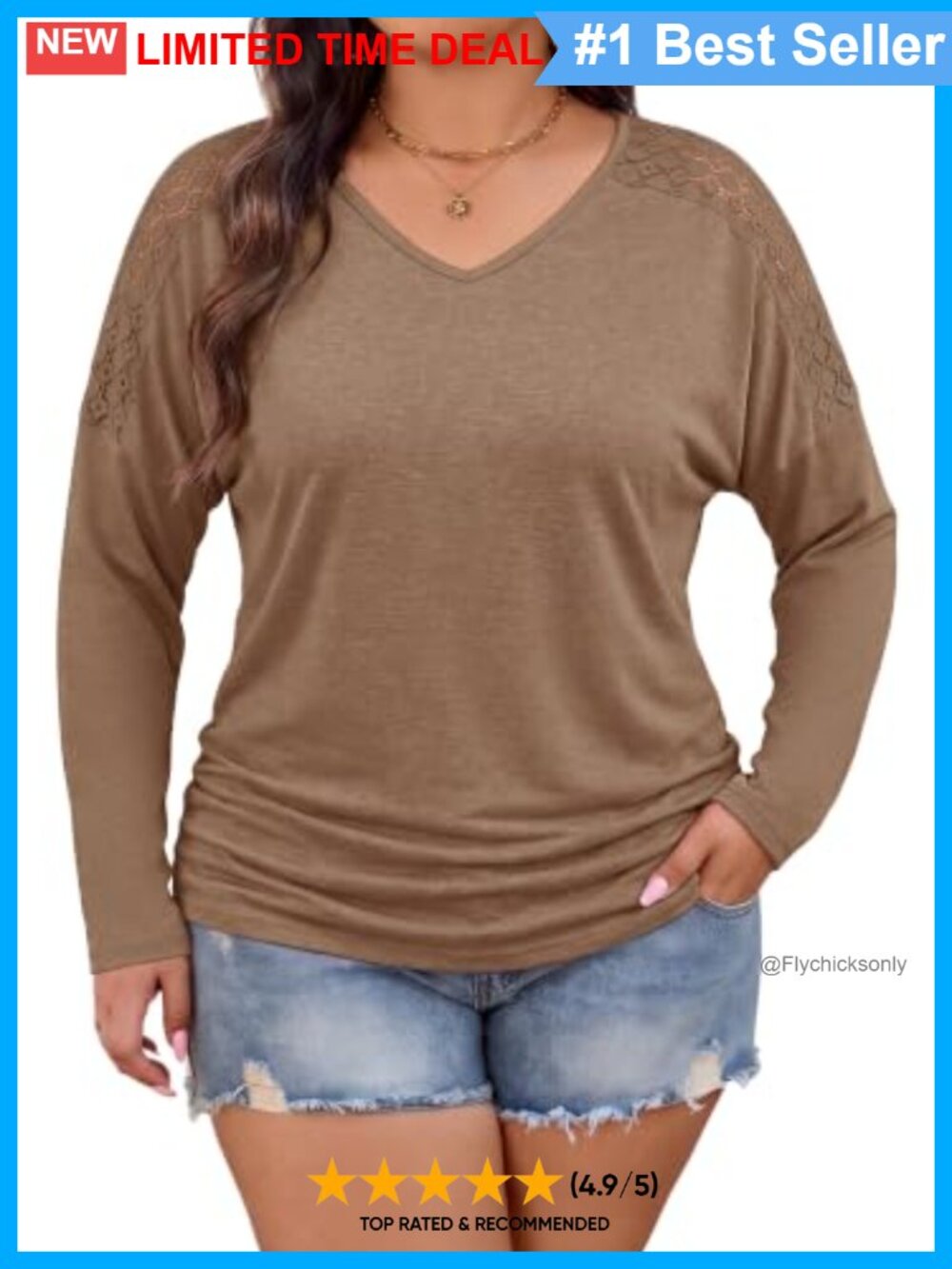 Plus Size Long Sleeve Lace V-Neck Blouse Stretch Casual Top